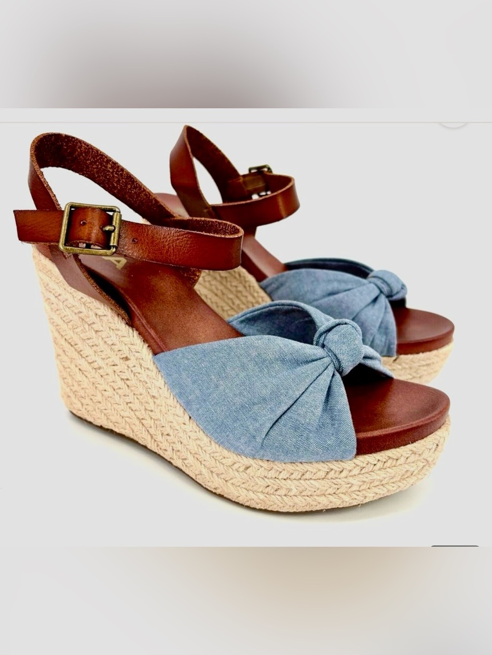 MIA Brown Leather & Light Blue Knot Espadrille Wedges Size 11